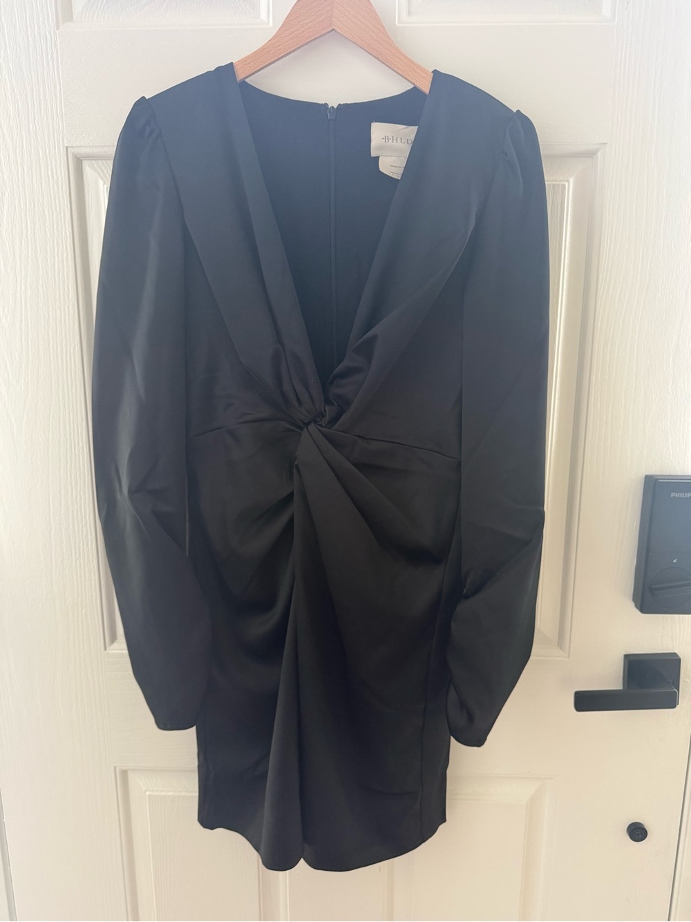 Black satin mini dress.